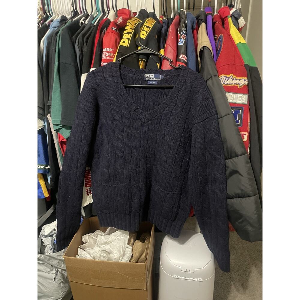 Size S- VTG Polo Ralph Lauren Cable Knit 100% Wool Sweater Men's Navy Blue
